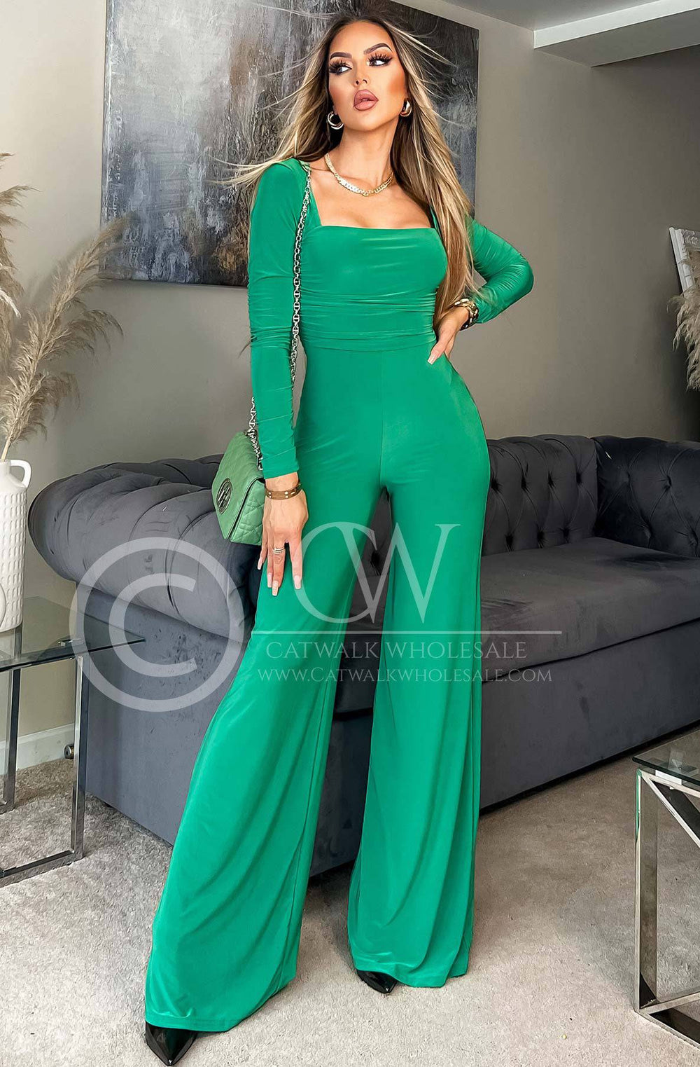 Stefania Ruched Wide Leg Jumpsuit - Green