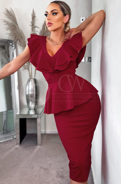 Vienna Peplum Frill Bodycon Midi Dress-Wine