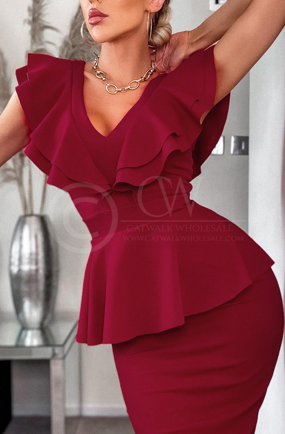 Vienna Peplum Frill Bodycon Midi Dress-Wine