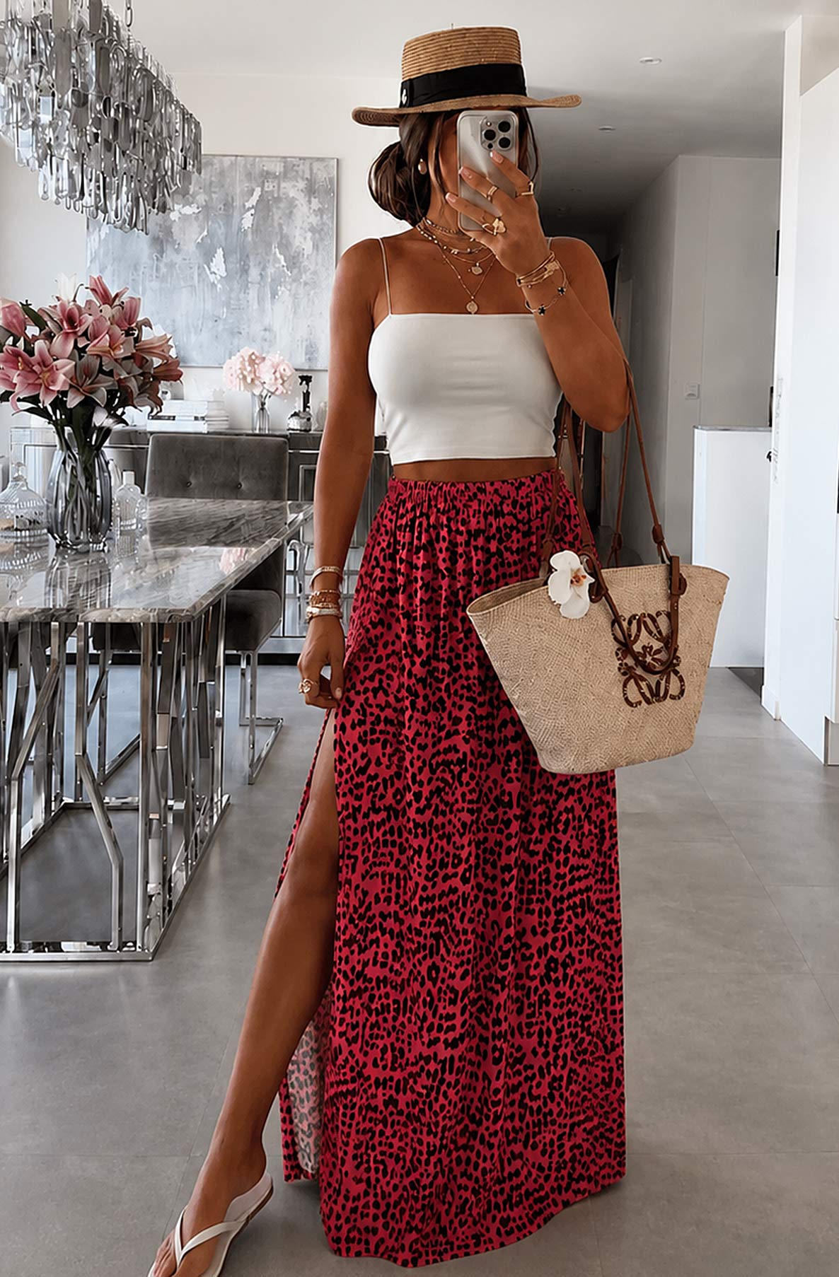 Mila Leopard Print Cotton Gauze Style Side Slit Maxi Skirt-Coral