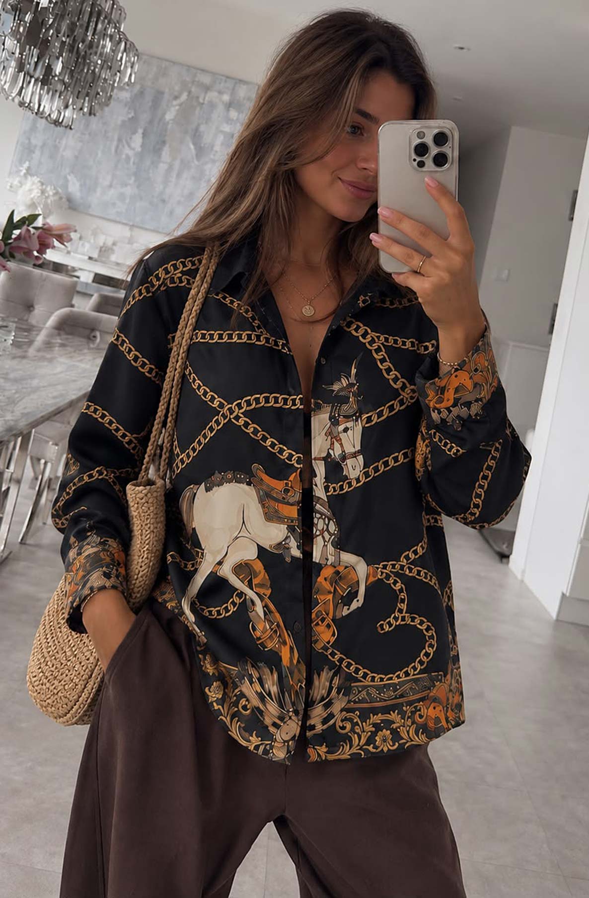 Rosalba Satin-Finish Equestrian Chain-Print Shirt