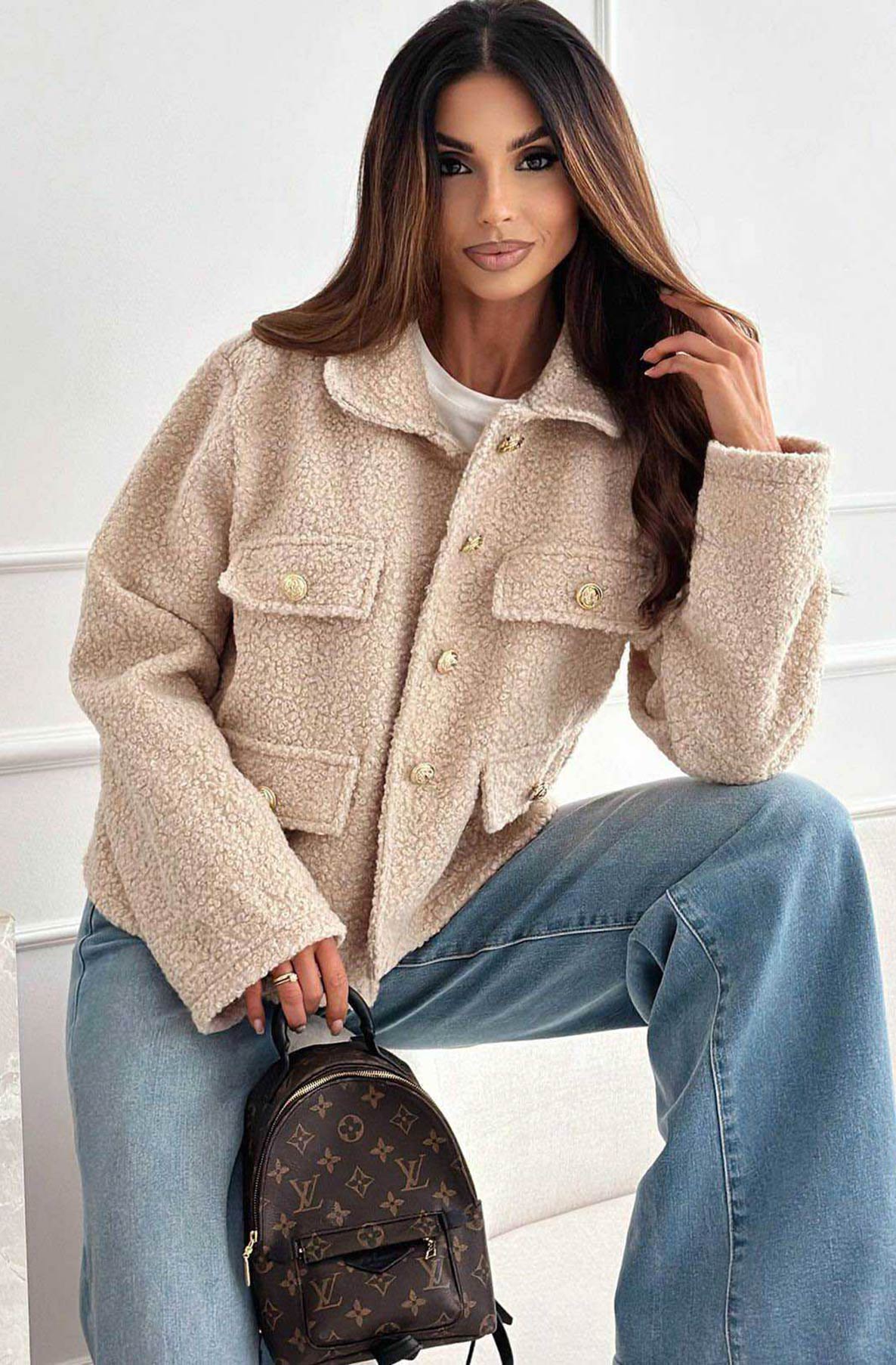 Katerina Gold-Button Teddy Jacket with Flap Detail