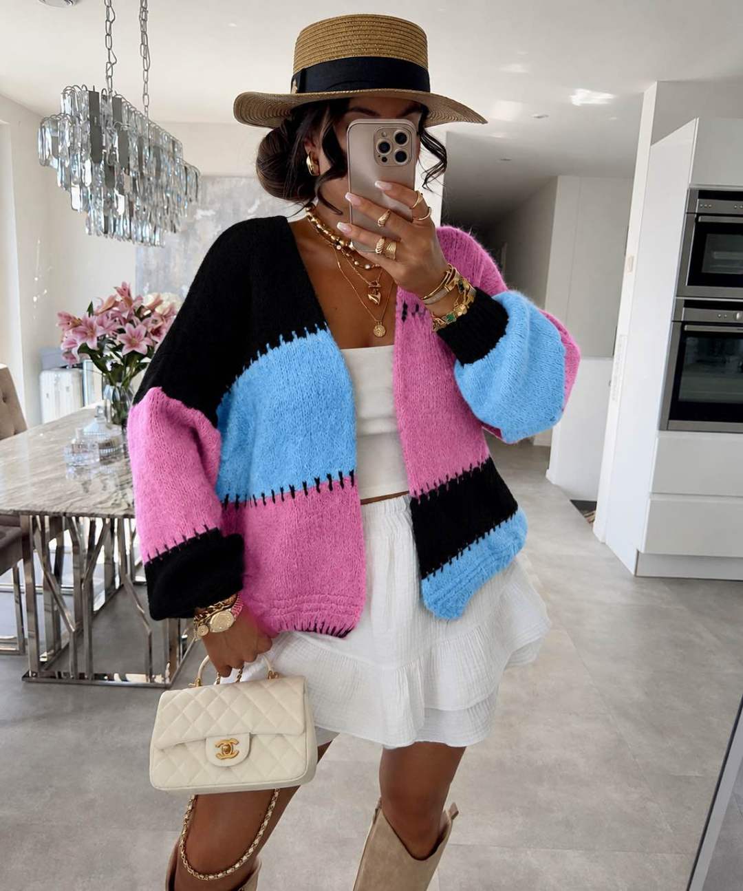 Marietta Tricolour Balloon-Sleeve Open Cardigan