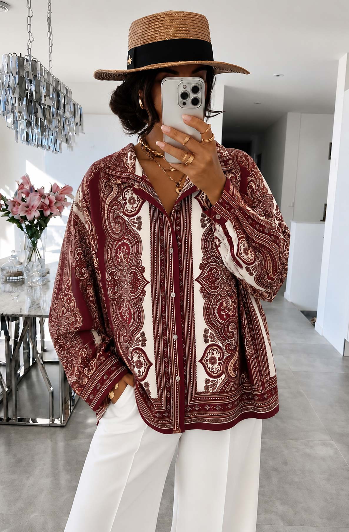 Emmeline Oversized Paisley Satin-Effect Shirt