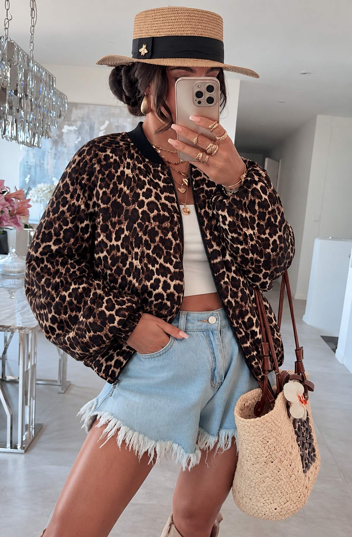 Winifred Oversized Quilted Leopard Bomber Jacket