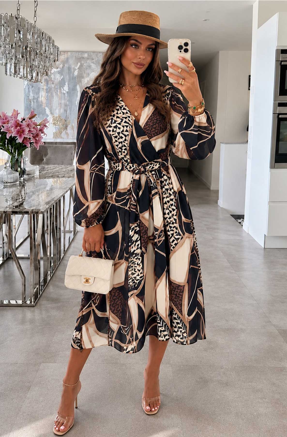 Fenella Abstract-Print Crossover Tie-Waist Dress