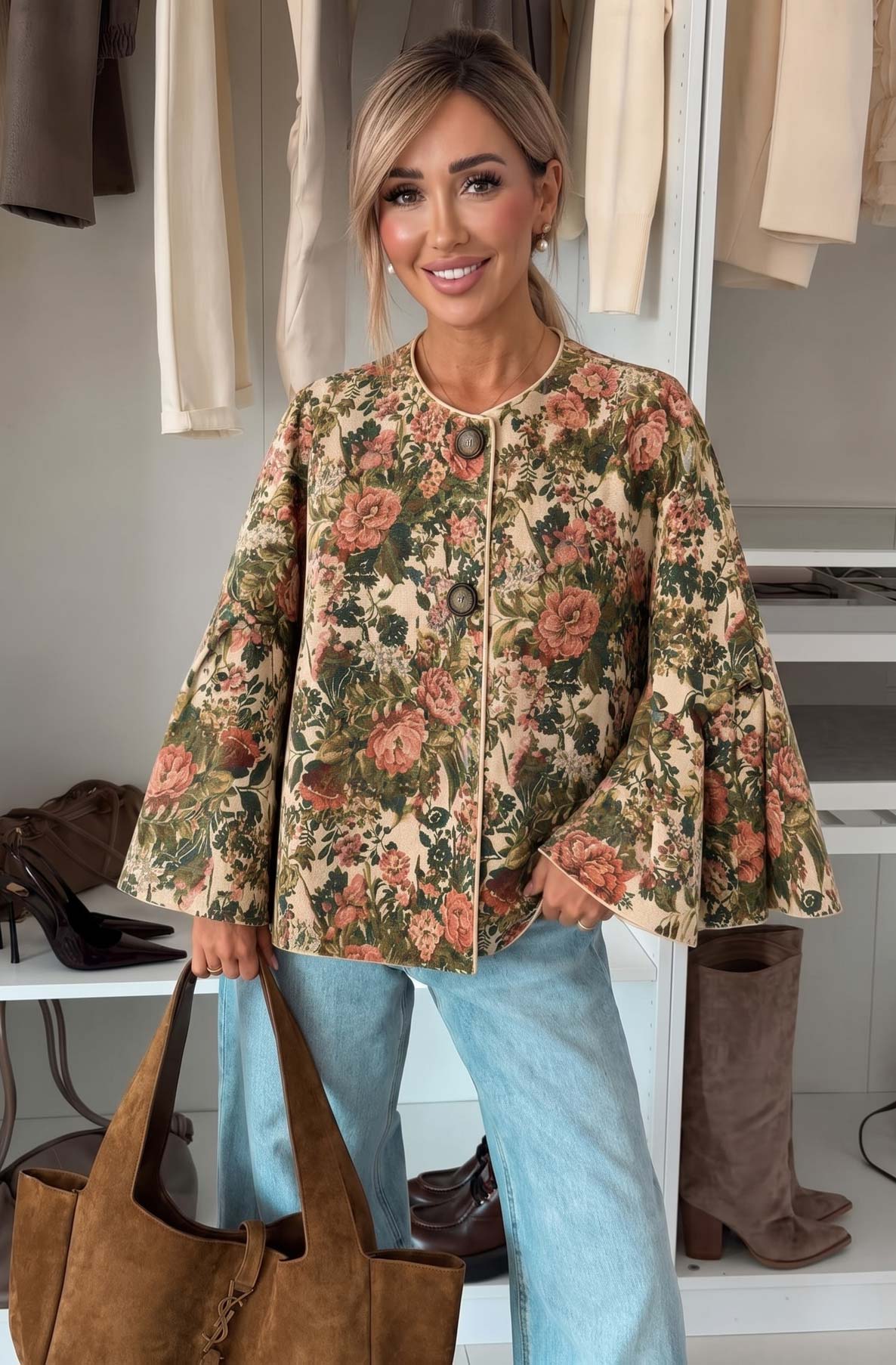 Prudence Floral Suede-Effect Cape Jacket with Flared Sleeves