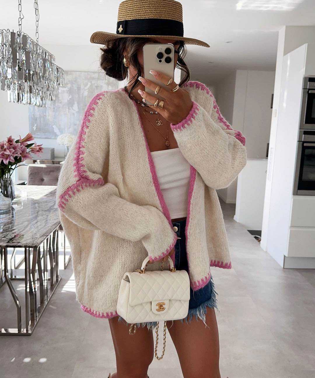 Estella Contrast-Stitch Open Knitted Cardigan