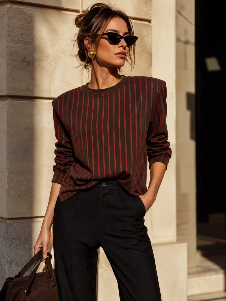 Faustine brown-and-red striped T-shirt, front view and round neckline