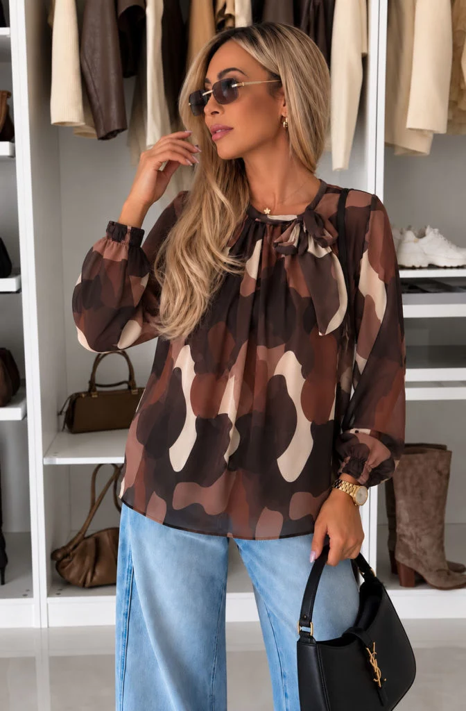 Henrietta Abstract-Print Side-Tie Neck Blouse