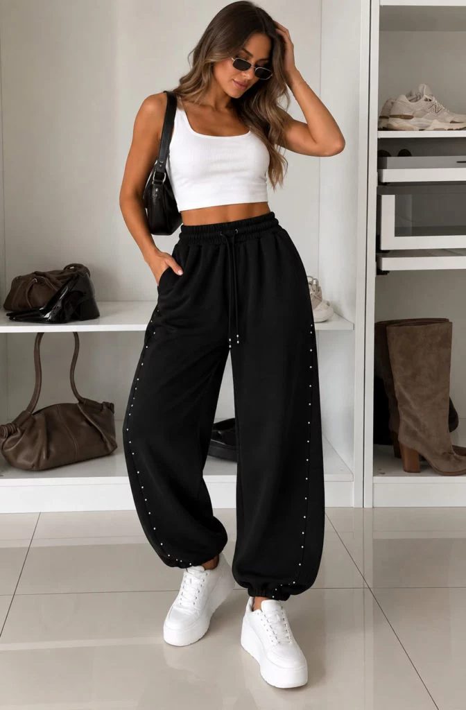 Coralie Stud-Detail Drawstring Balloon Joggers - Black