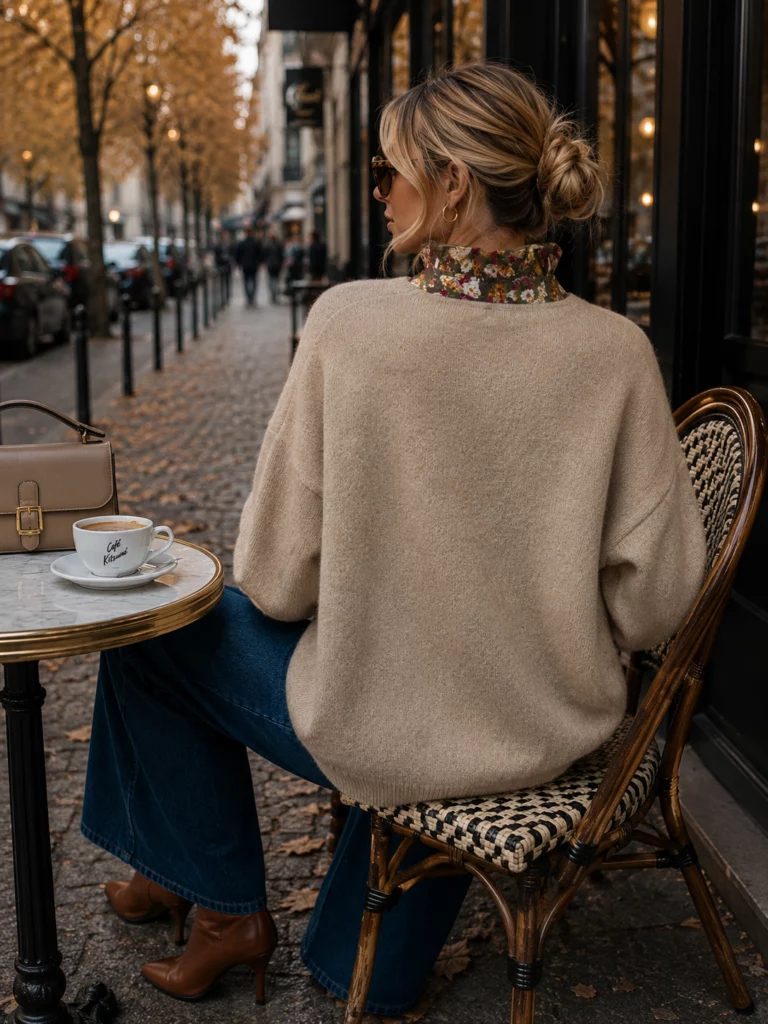 Alix taupe jumper, plain back with floral collar visible