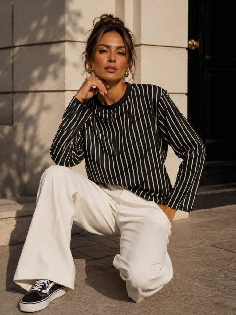 Faustine striped T-shirt, seated view showing full-length sleeves