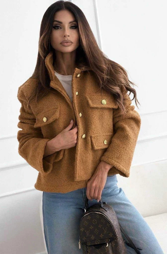 Katerina Gold-Button Teddy Jacket with Flap Detail - Camel