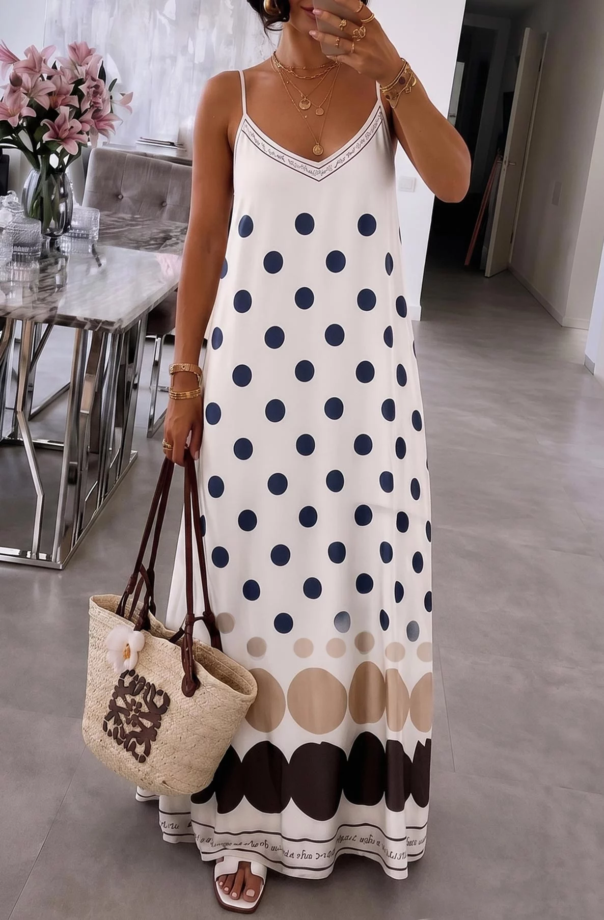 Oriana Satin Polka Dot V-Neck Cami Maxi Dress-Ivory - Ivory