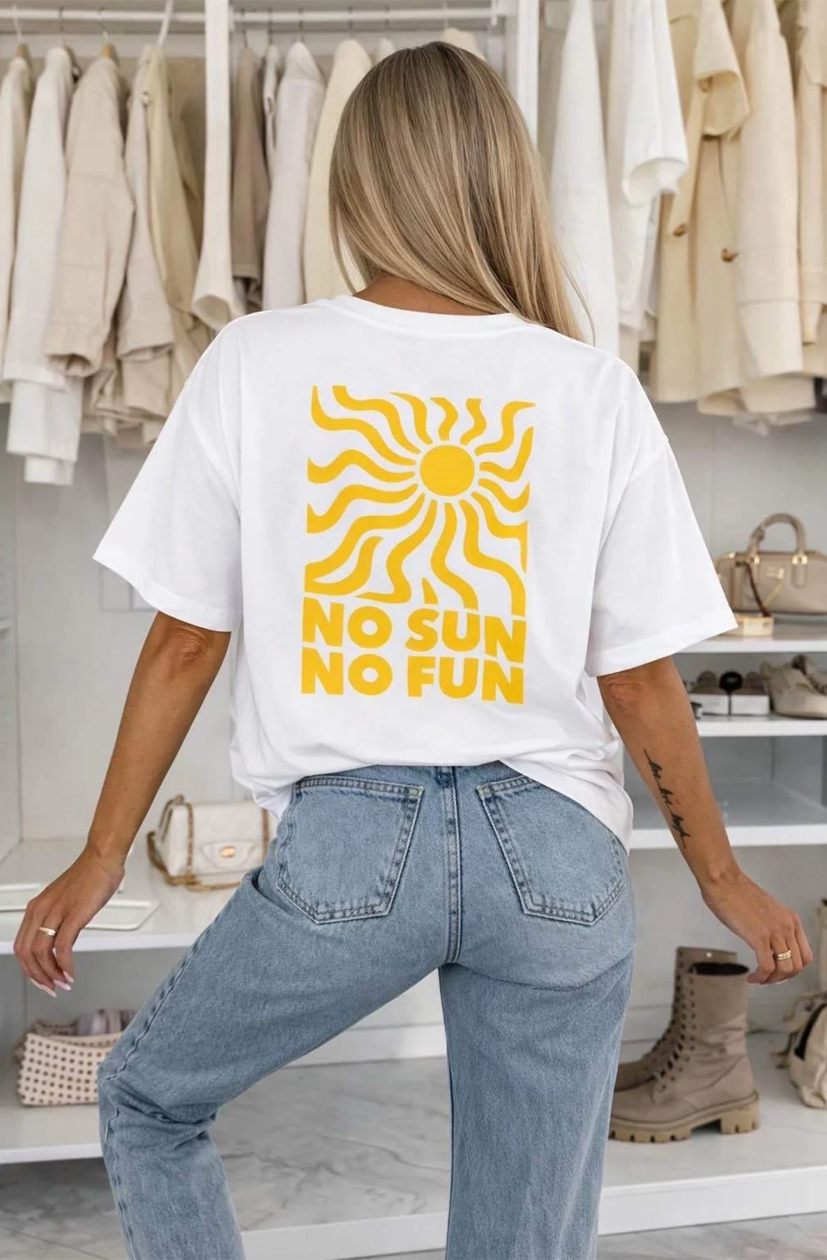‘No Sun No Fun’☀️ Oversized Front & Back Graphic Print T-Shirt-Ivory-Ivory