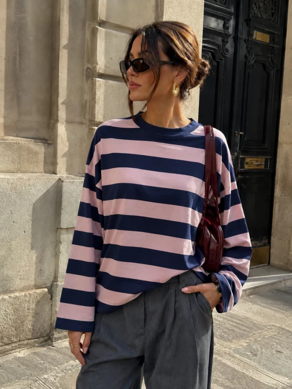 EA-TE567-2 Amelie navy blue and pink broad-striped T-shirt, close standing front view with a plain navy neckband