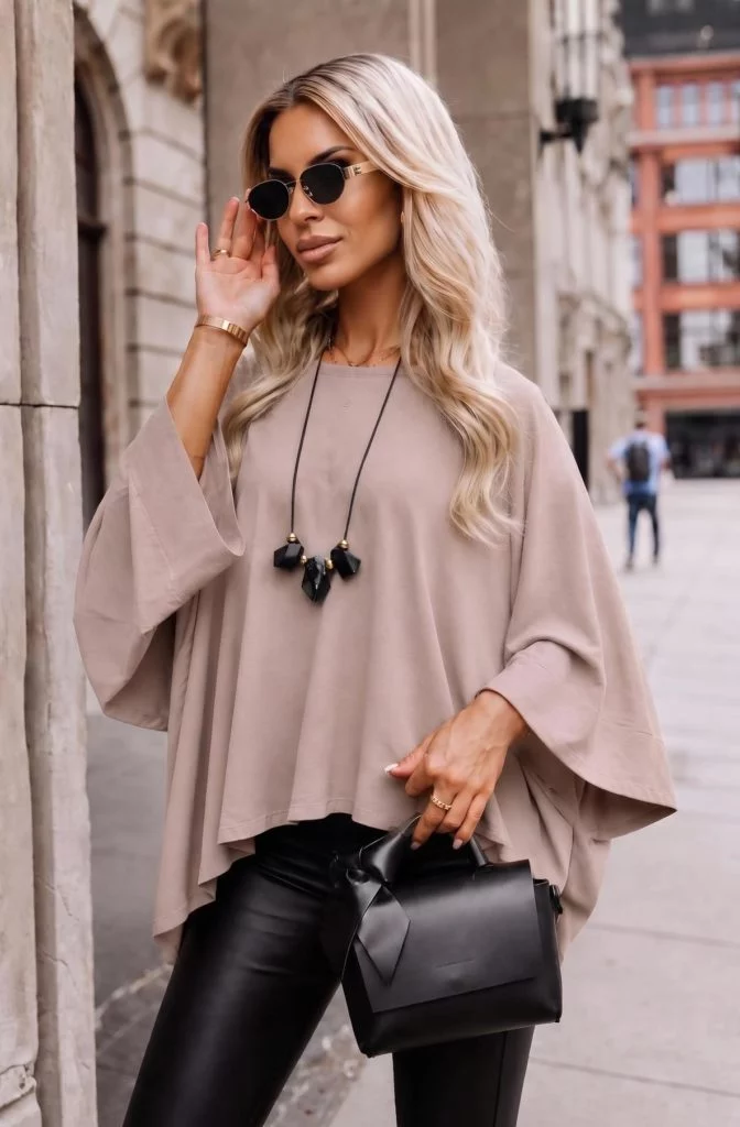 Theodosia Oversized Batwing Top with Necklace - Taupe