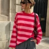 EA-TE567-1 Amelie red and pink striped long-sleeve T-shirt, close front view showing the round neckline and dropped shoulders