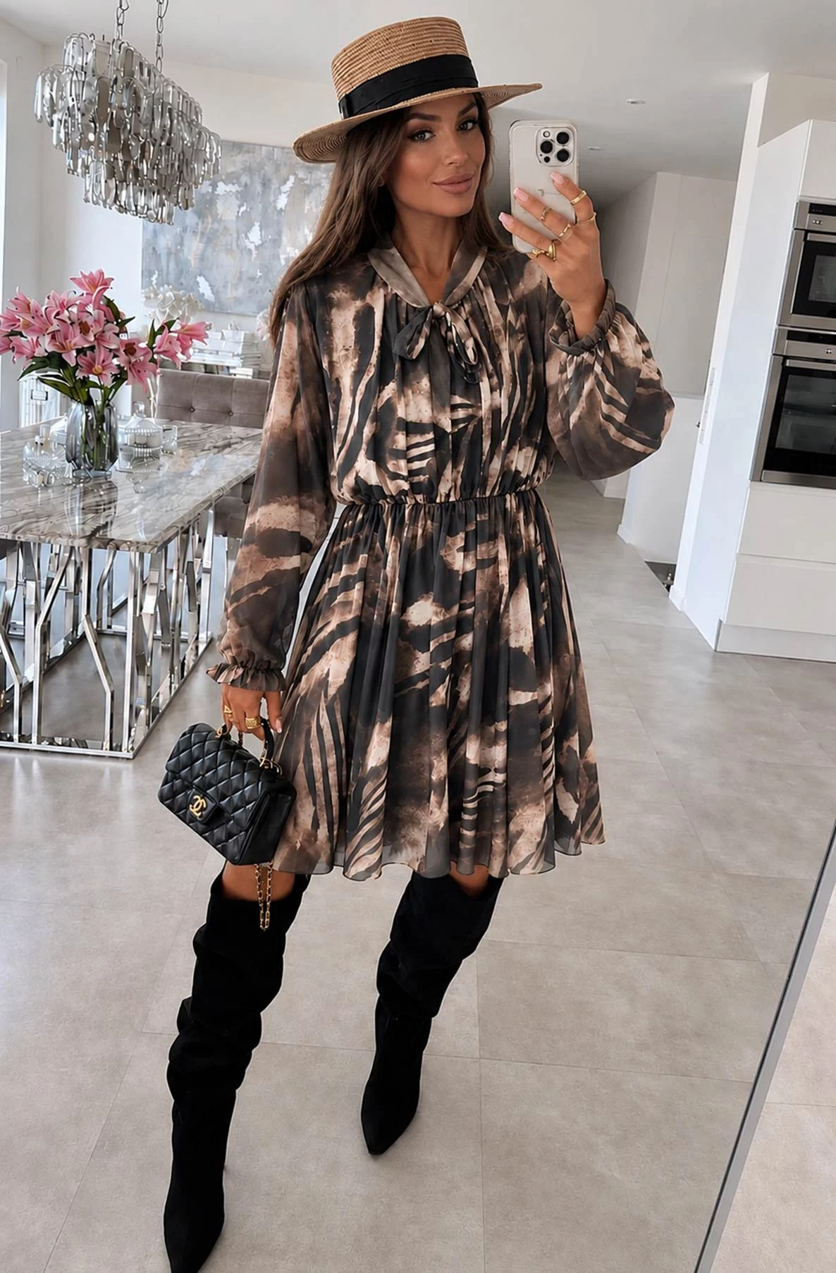 Elspeth Abstract-Print Pussy-Bow Elastic-Waist Dress