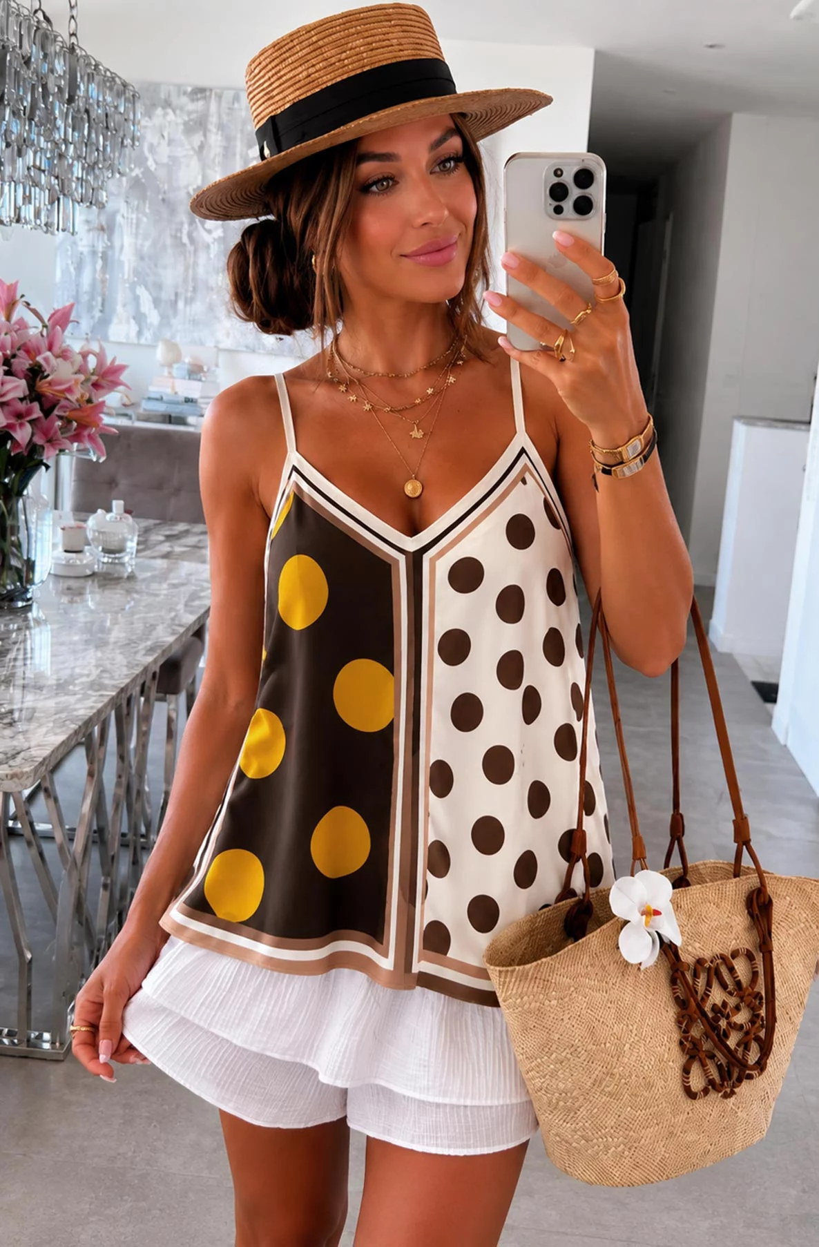 Lara Contrast Polka Dot Satin V-Neck Cami Top-Brown
