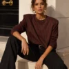 EA-TE506-4 Faustine brown-and-red top, seated styling view with sleeves pushed up