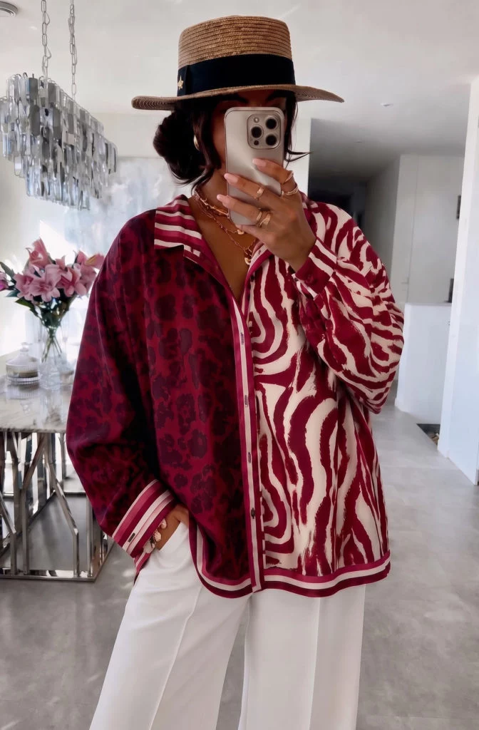 Delphine Oversized Mixed Animal-Print Satin-Effect Shirt - Burgundy and Cream Animal
