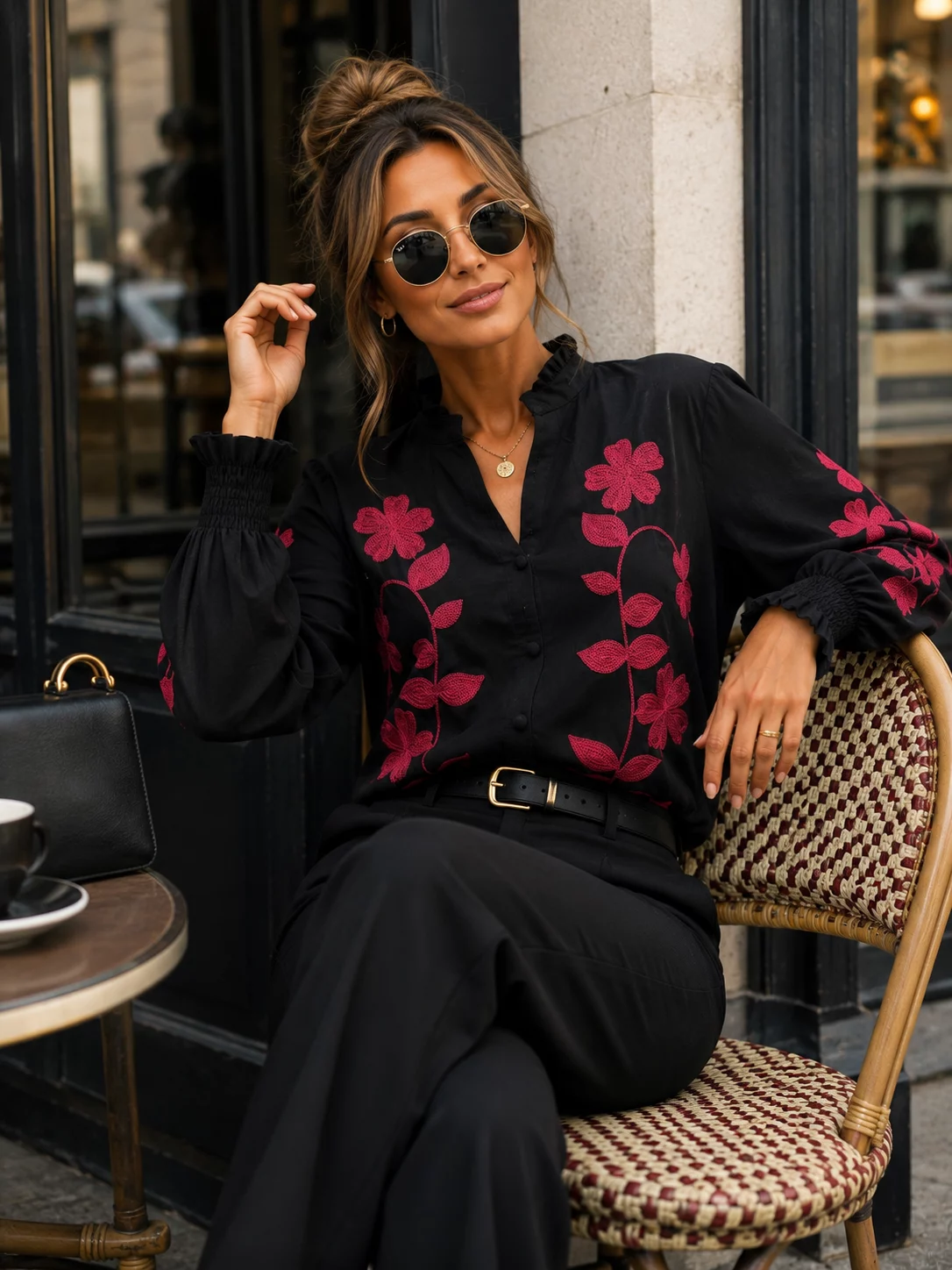 Solene Floral-Motif Frill-Neck Blouse
