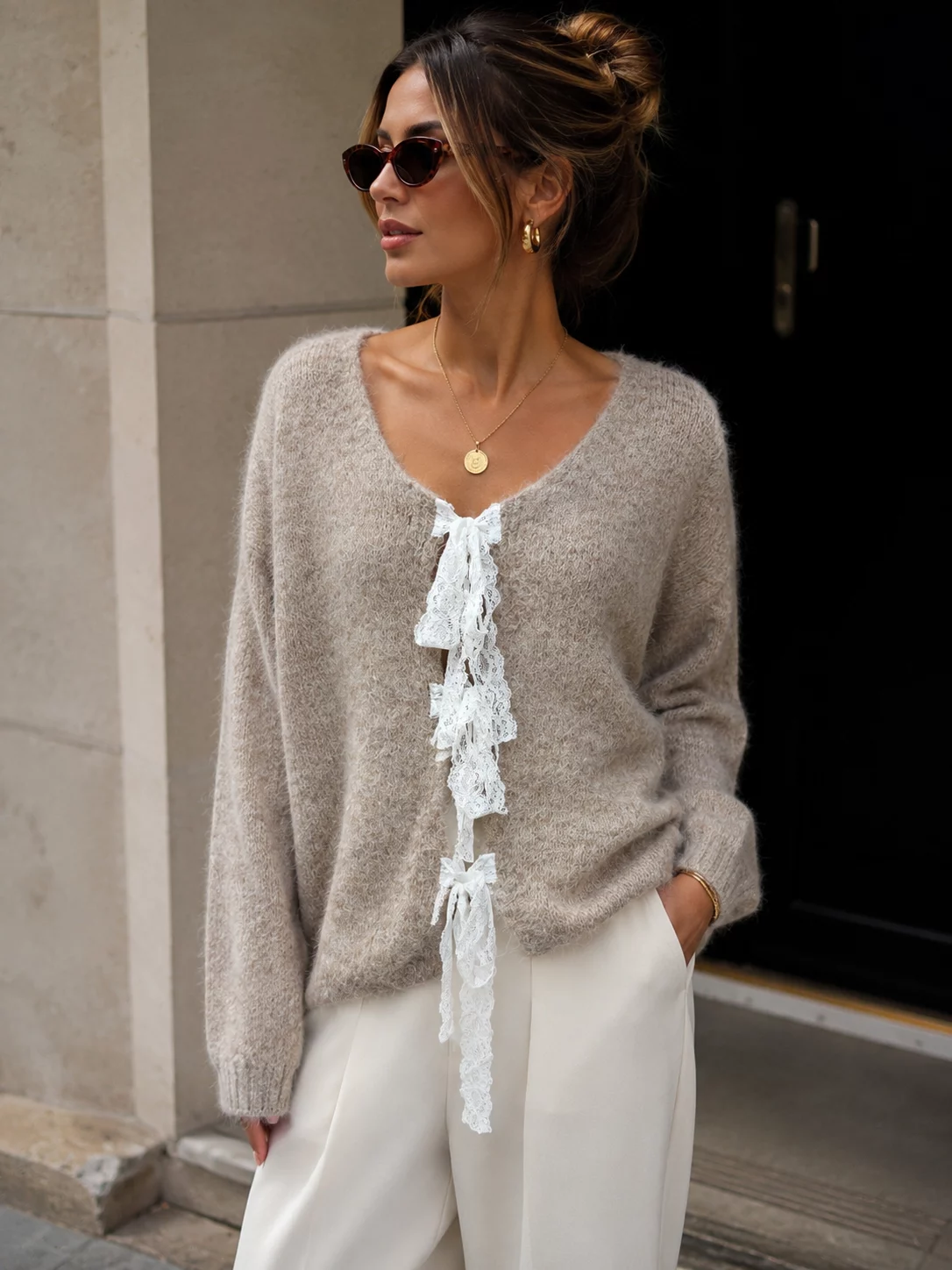 Noemie Lace-Tie Soft-Knit Cardigan