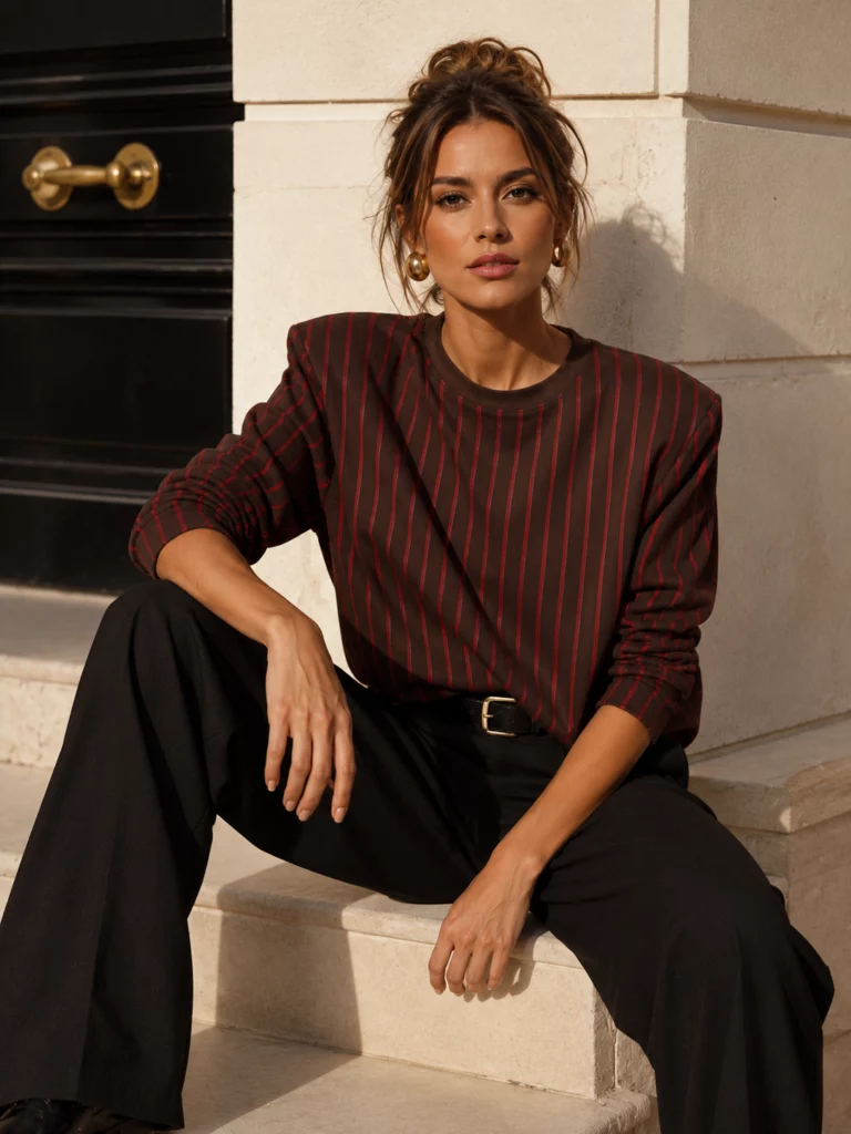 Faustine brown-and-red top, seated styling view with sleeves pushed up