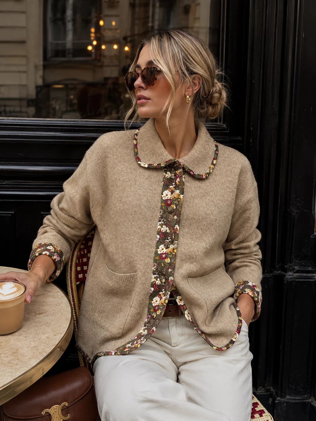 Berenice Floral-Trim Collared Cardigan