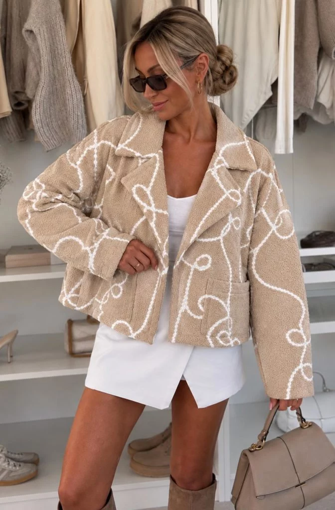 Odette Abstract Loop-Pattern Teddy Boucle Jacket - Beige