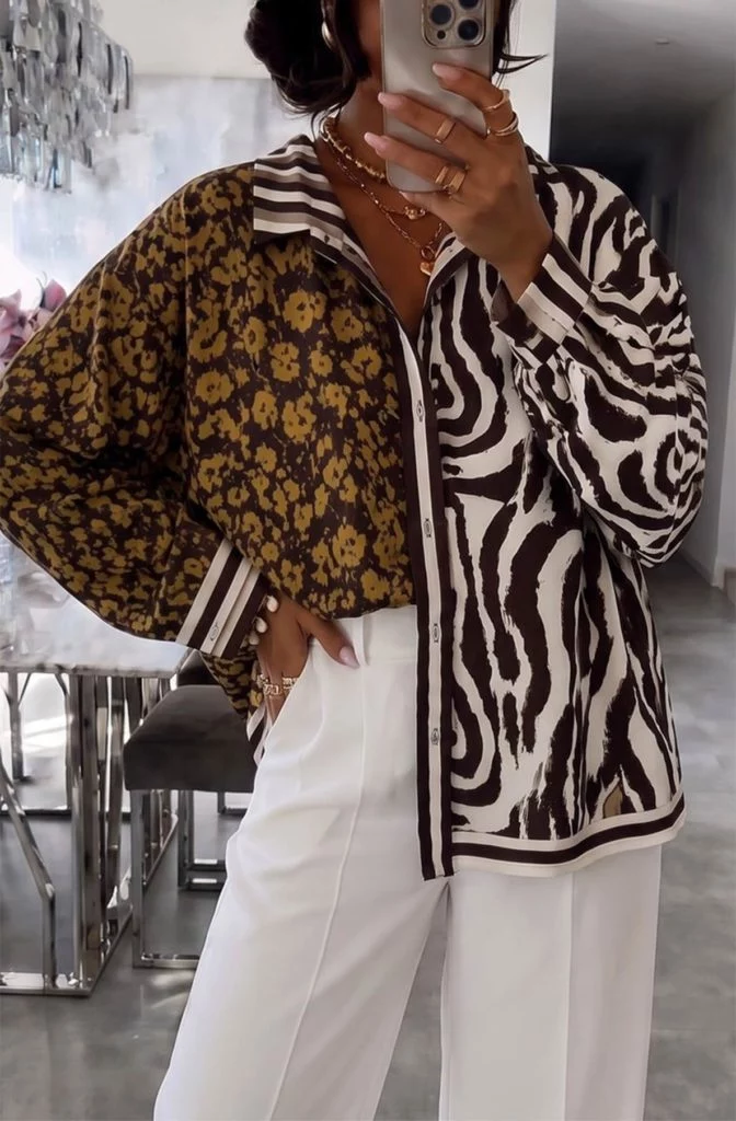 Delphine Oversized Mixed Animal-Print Satin-Effect Shirt - Brown and Mustard Animal