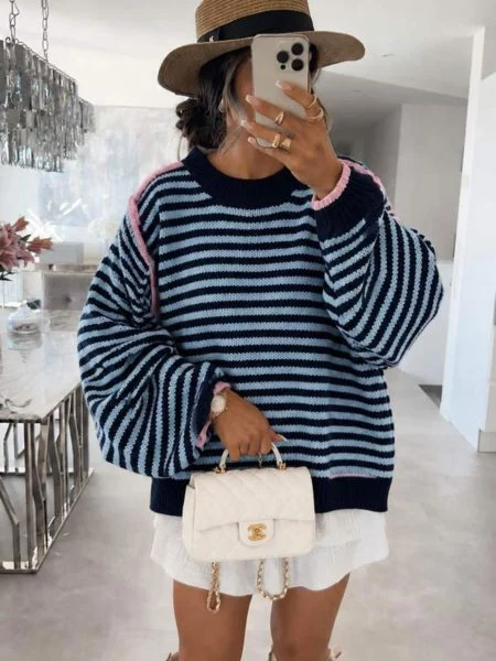 Althea Contrast-Trim Striped Oversized Jumper