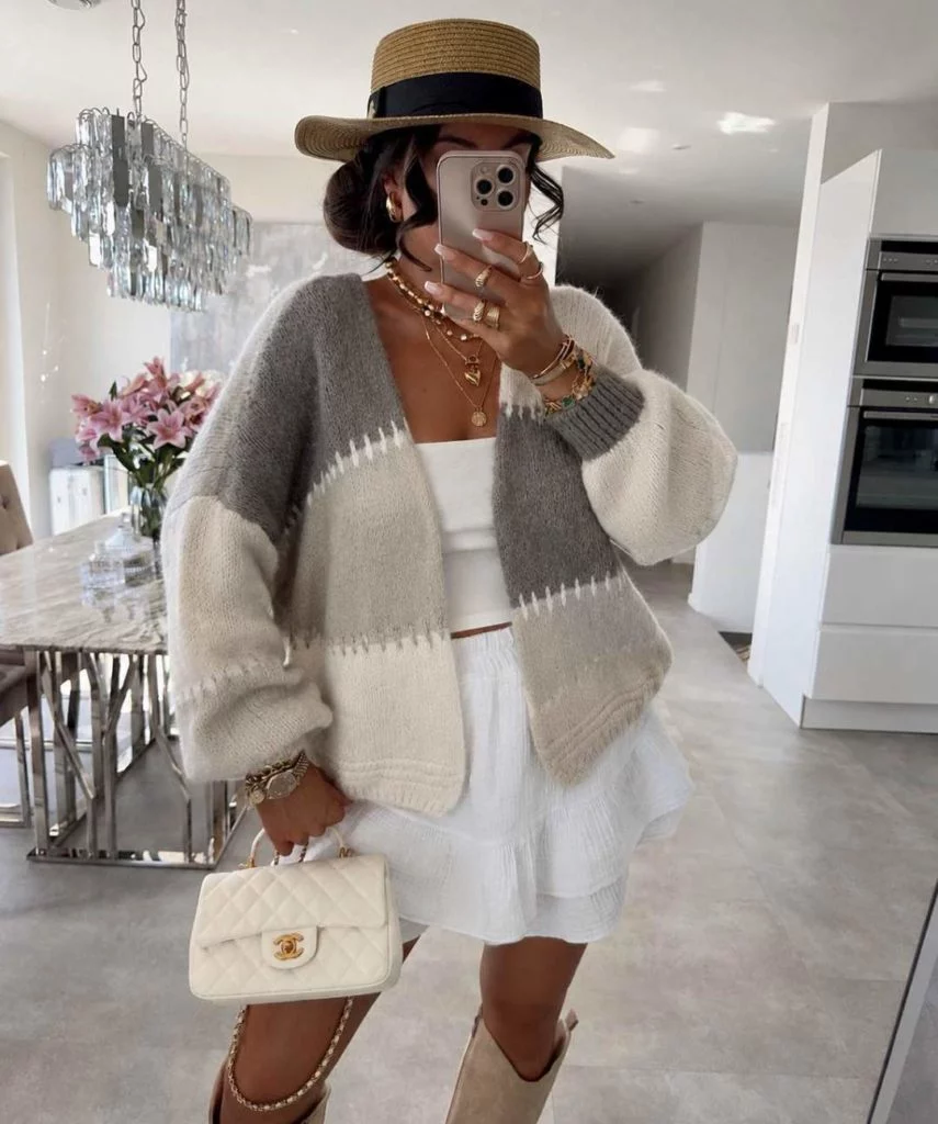 Marietta Tricolour Balloon-Sleeve Open Cardigan - Grey Beige and Cream
