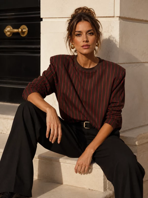 EA-TE506-4 Faustine brown-and-red top, seated styling view with sleeves pushed up