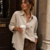 EA-Ch305-1 Maelle pale taupe shirt, front view of heart-detail chest pocket