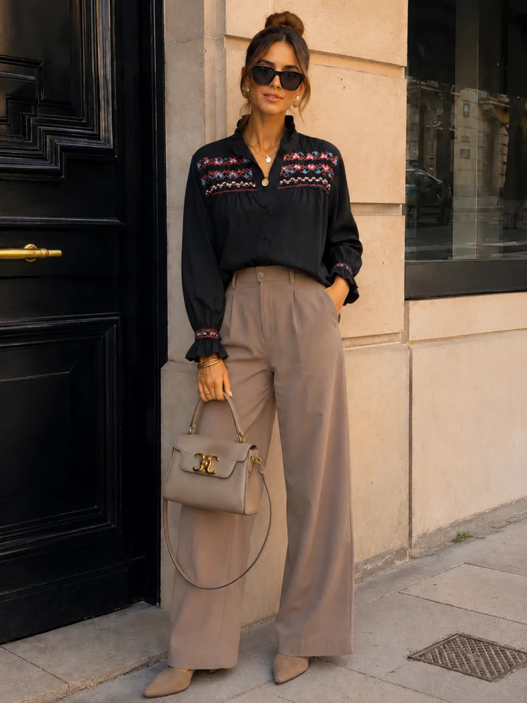 Lison black blouse with colourful chest bands, front view
