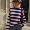 EA-TE567-2 Amelie navy blue and pink broad-striped T-shirt, close standing front view with a plain navy neckband