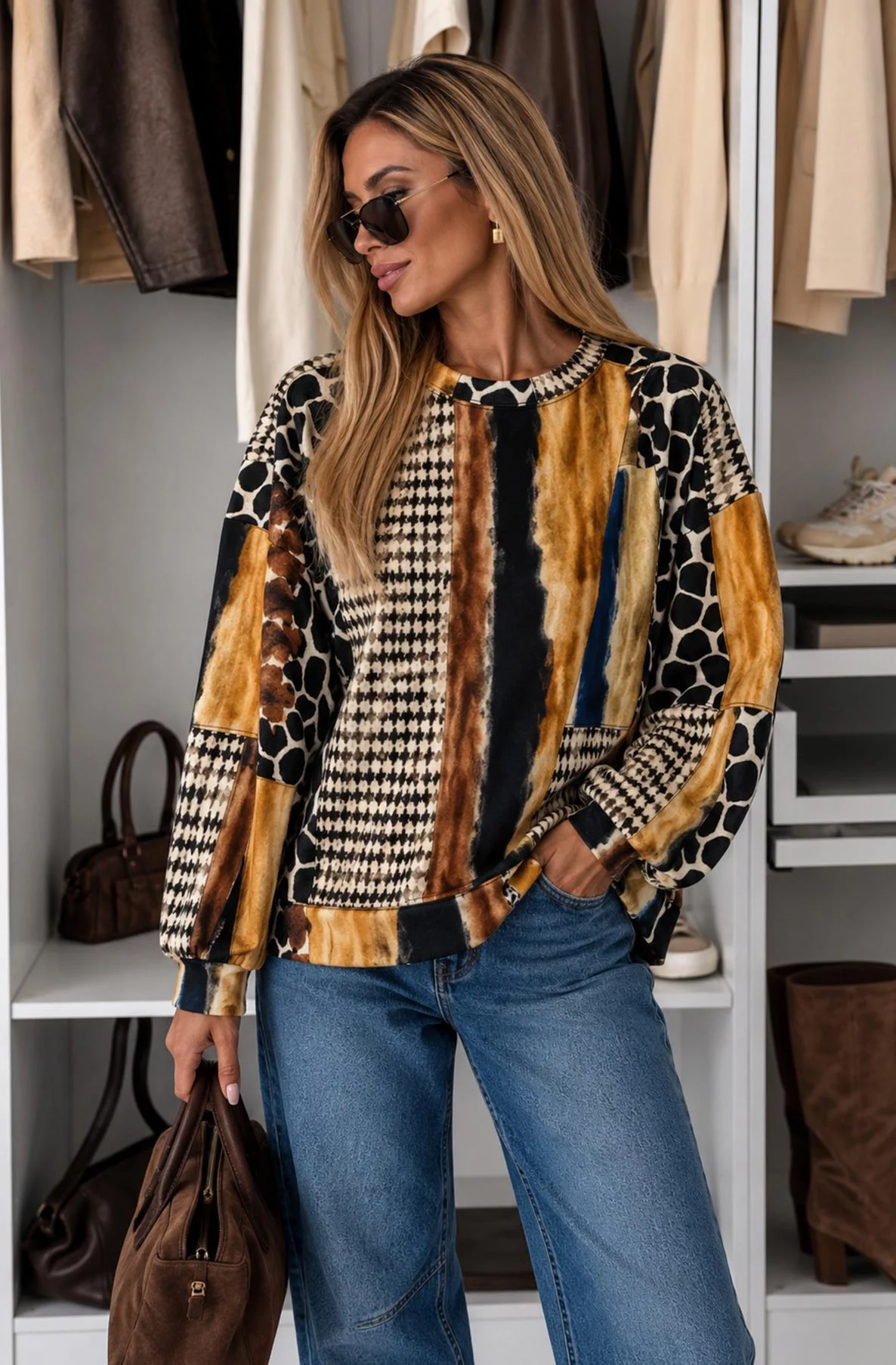 Lucinda Oversized Mixed Patchwork-Print Jumper