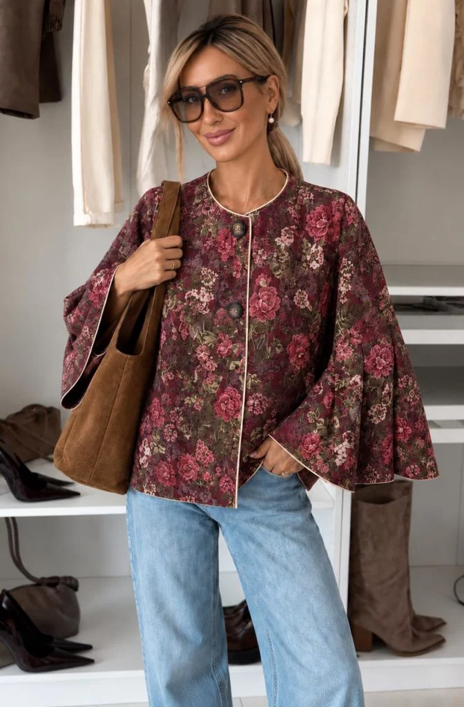 Prudence Floral Suede-Effect Cape Jacket with Flared Sleeves - Burgundy