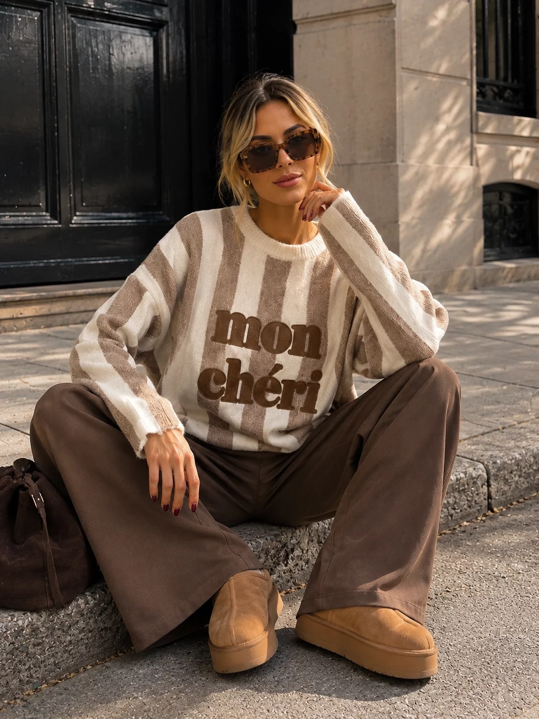 Leontine Vertical-Stripe Slogan Jumper