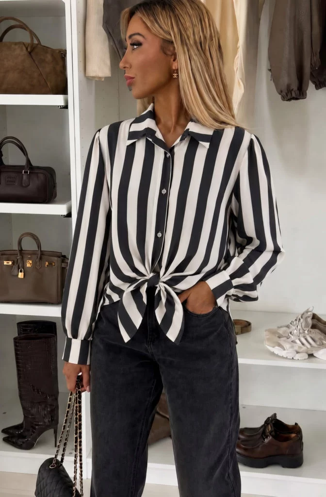 Clementina Bold-Stripe Tie-Front Shirt - Black