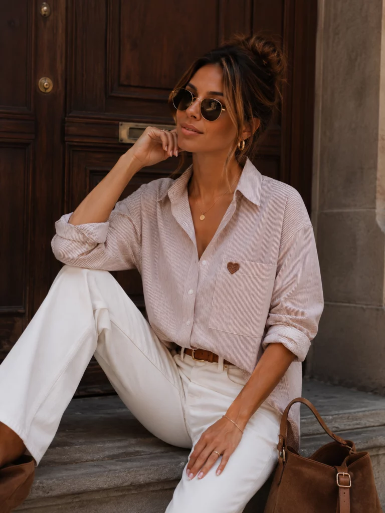 Maelle shirt in a pale pinkish neutral tone, seated front view with brown heart detail