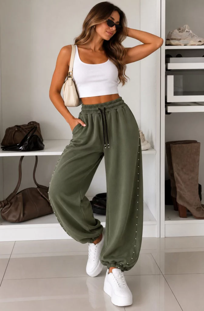 Coralie Stud-Detail Drawstring Balloon Joggers - Khaki