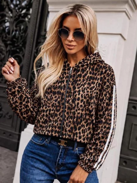 d04d6608148efe14767dd290e01bd434 Delphina Leopard-Print Zip Hoodie with Sleeve Stripes