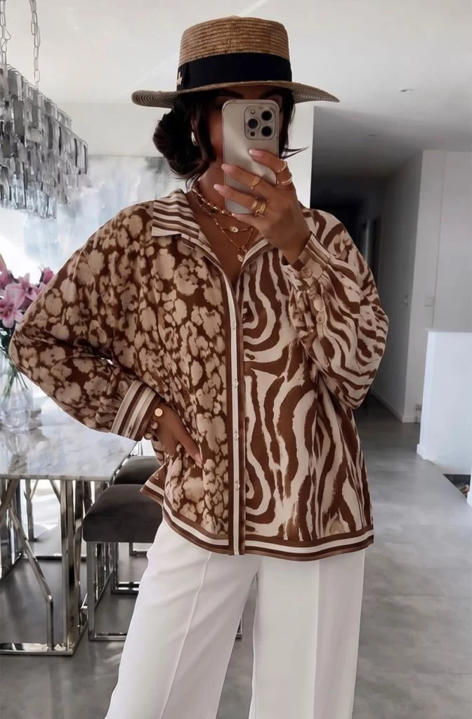 Delphine Oversized Mixed Animal-Print Satin-Effect Shirt - Brown and Cream Animal