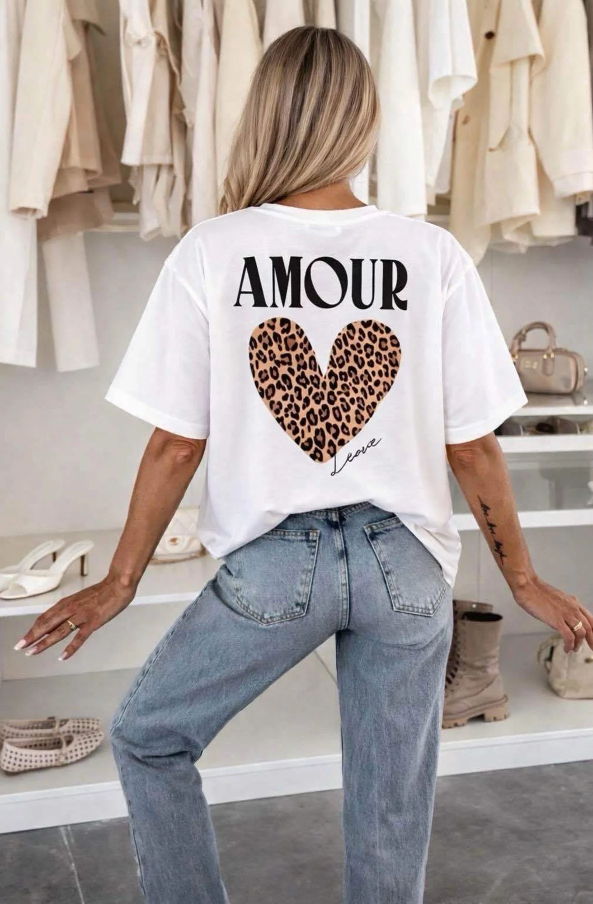 'Amour Leopard Heart' 🐆 Oversized Front & Back Graphic Print T-Shirt-Ivory-Ivory