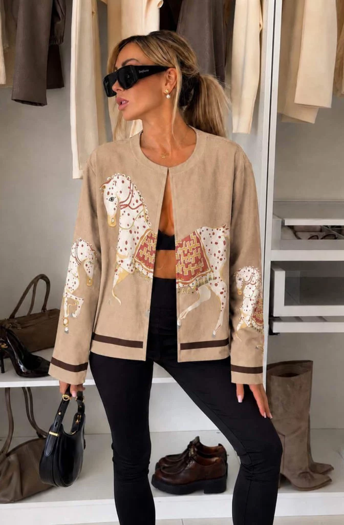Cordelia Suede-Effect Horse-Print Collarless Jacket - Camel