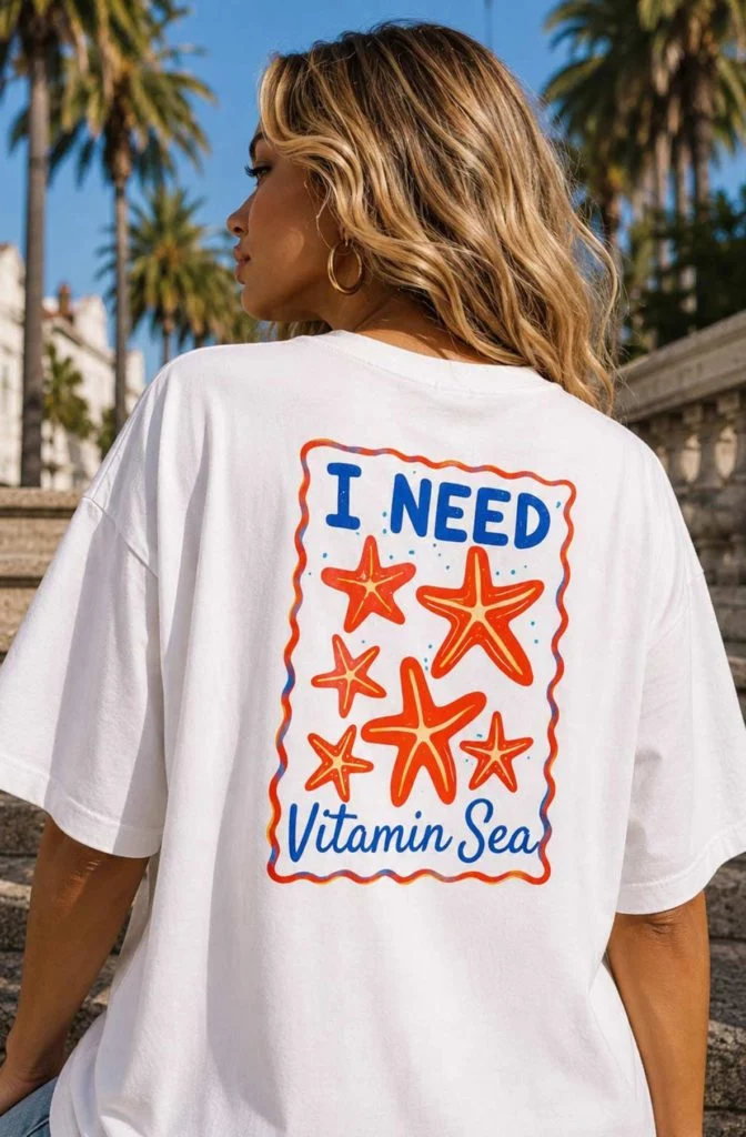‘Vitamin Sea’☀️ Oversized Front & Back Graphic Print T-Shirt-Ivory - Ivory